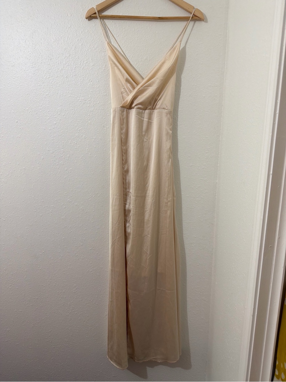 Cream/Nude Satin V‑Neck Maxi Dress